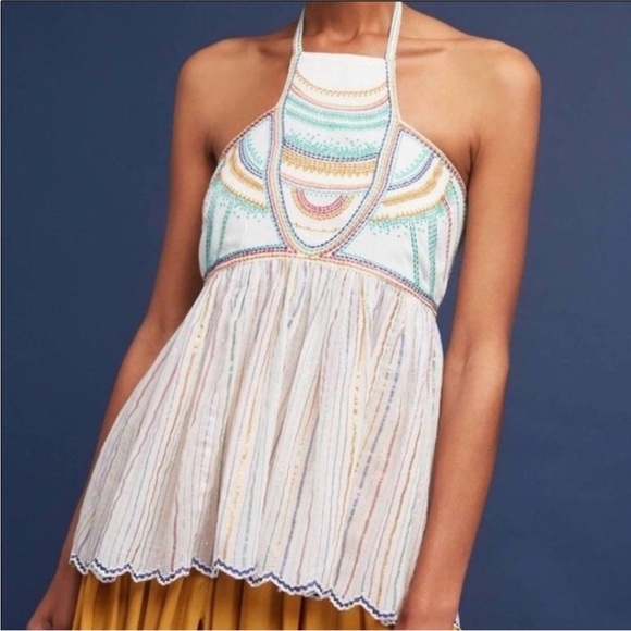 NWT Anthropologie Floreats Itzel Embroidered Crochet Spaghetti Strap Halter Top - Picture 1 of 10